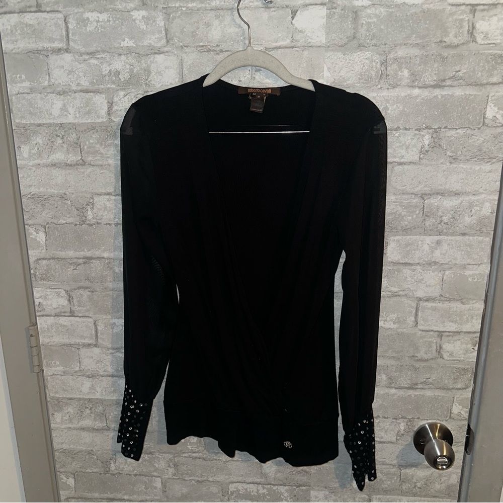 Roberto cavalli wrap mesh sleeves studded cuffs top sz M #I1